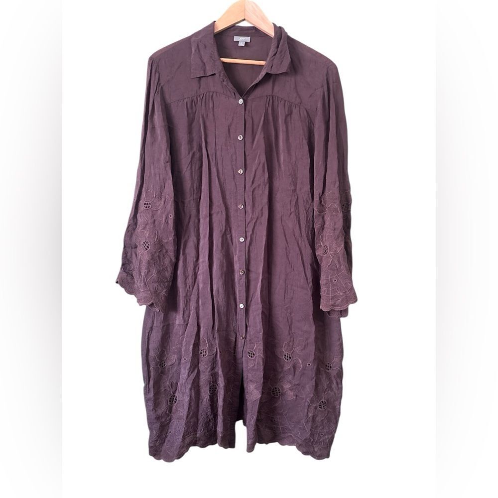 J. Jill Chocolate Brown Embroidered Eyelet Floral Button Down Shirt Dress Sz L - Picture 1 of 6